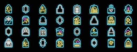 Arabic window representing ramadan kareem with neon light icons set vector