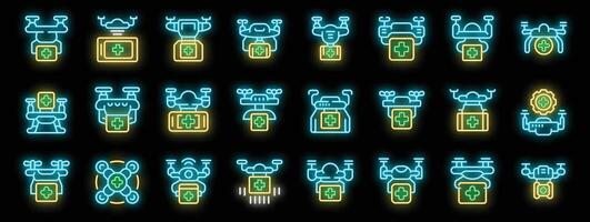 Medical drone delivery icons with neon light effect representing first aid, emergency service and healthcare vector