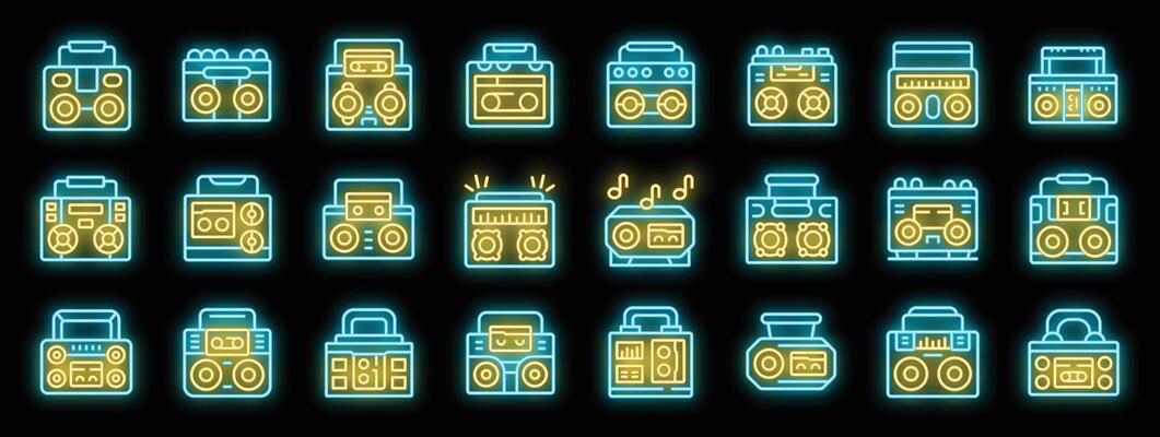 Neon boombox icons representing portable music and retro audio