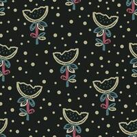 a pattern with flowers and polka dots on black vector