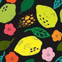 a pattern with lemons and leaves on black vector