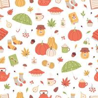 Autumn seamless pattern with cute and cozy seasonal elements vector