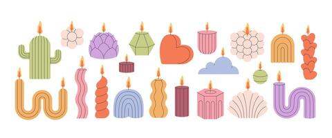 Decorative aromatic candles various shapes and colors. Burning scented candles, home interior and aromatherapy vector