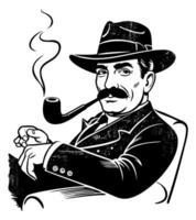 Man in fedora hat smoking pipe. Retro black and white illustration vector