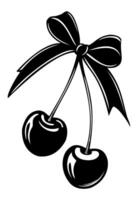 Cherries on bow. black and white isolated illustration vector