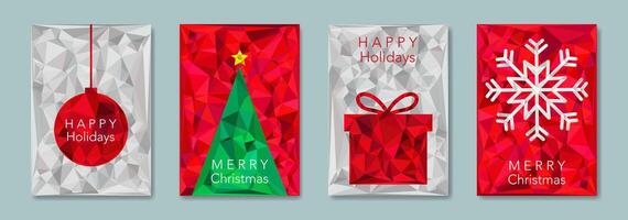 Set Christmas card in modern minimalist geometric low poly style, red and white paper backgrounds, elements for calendar and greetings cards or Happy New Year themed winter holiday invitations vector