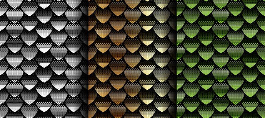 Seamless geometric pattern, snake fish, mermaid, dragon scales. Set texture pixel art style in white, gold, green colors, animal background for your design, cover and wallpaper