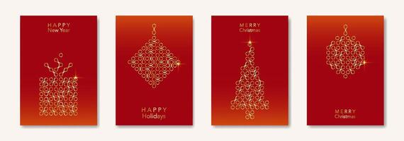 Set Christmas card in modern minimalist geometric style, gold texture, golden luxury red background, elements for calendar and greetings cards or Happy New Year themed winter holiday invitations vector