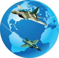 Two fighter jets flying around the earth representing global military power vector