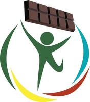 The chocolate logo with a man holding up a bar of chocolate vector