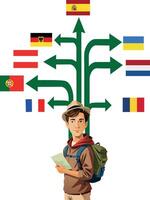 A young man with backpack and map vector