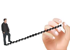 A hand is holding a ladder and a man is walking up it vector