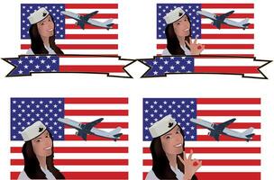 Four different images of a woman in a sailor hat and an american flag vector
