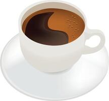Steaming cup of black coffee on white saucer vector