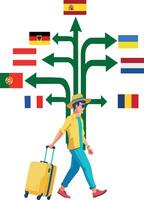 A man with a suitcase and a suitcase is walking with a tree with flags vector