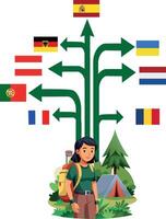 A girl with a backpack and a tree with flags vector