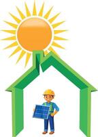 A man holding a solar panel and a house with a sun vector