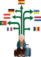 An old man sitting on a chair with a suitcase and a tree with flags vector