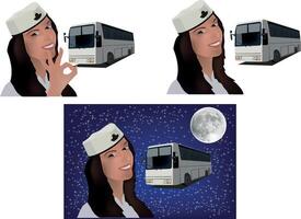 A woman in a sailor hat is holding a bus vector