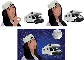 A woman in a sailor hat and a camper van vector