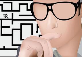 A man with glasses and a black hat is looking at a maze vector