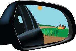 A side view mirror with a view of a farm and trees vector