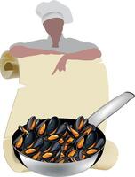 A chef is holding a pan with mussels in it vector