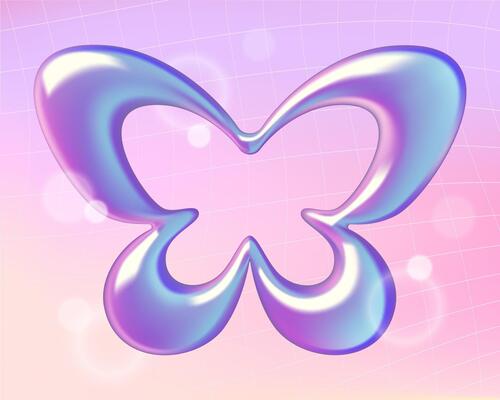 Holographic 3d butterfly shape on pink gradient y2k style background