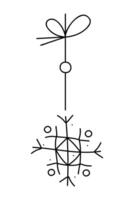 Snowflake with a rhombus and a quadrangle on a string. Black and white clipart illustration. vector
