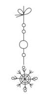 Snowflake with two circles on a string. Black and white clipart illustration. vector