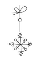 Snowflake on a string with a bows. Black and white clipart illustration. vector