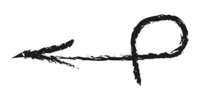 Left arrow with a curled tip. Hand drawn charcoal arrow. vector