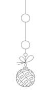 Striped Christmas ball with quadrangles on a string. Black and white clipart illustration. vector