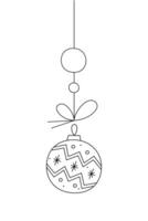 Christmas ball with a zigzag pattern of snowflakes on a string. Black and white clipart illustration. vector