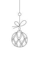 A Christmas ball with a pattern like a pine cone on a string. Black and white clipart illustration. vector