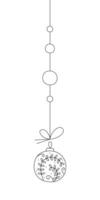 Christmas ball with a branch with leaves on a string. Black and white clipart illustration. vector