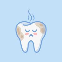 A cute, sad tooth character in a coffee coating, created in kawaii style. This flat design illustration is perfect for stickers, books, or as a design element, ideal for medical brochures. vector