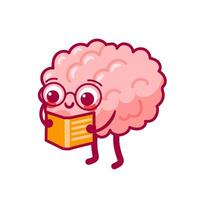 Brain with glasses reads a book. Cute character in kawaii style. Healthy organ, nervous system. illustration, flat style. mental health. Training, back to school. Cognitive function vector