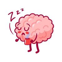 Sleepy brain with a mug of coffee. Cute tired character in kawaii style. Healthy organ, nervous system. illustration, flat style. mental health. Training, back to school. Cognitive function vector