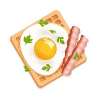 Beautiful fried eggs with fresh parsley and fried bacon on a waffle are perfect for breakfast. Healthy eating. Food illustration in realistic style for cafe, menu, sticker, design vector