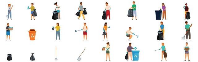 Children collecting trash icons set. Volunteers collecting and sorting garbage for recycling, promoting environmental awareness vector