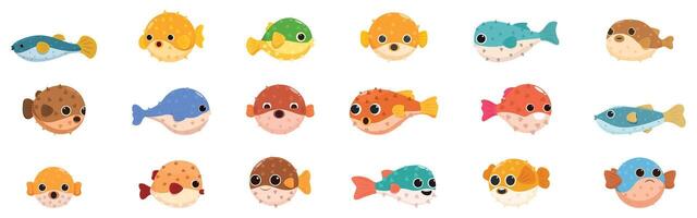 Puffer fish icons set. Collection of colorful pufferfish inflating and swimming vector