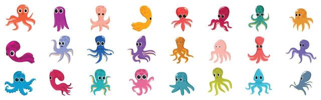 Cute childish octopus icons set. Colorful cartoon octopuses swimming and floating underwater vector