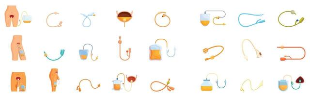 Urinary catheter icons set. Urinary catheter and drainage system icons representing medical devices for urine collection and bladder management vector