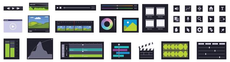 editor icons set. editing software interface with playback controls, timeline, and audio mixer vector