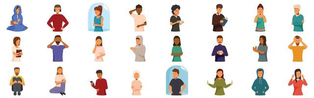 Introvert icons set. People feeling various negative emotions like stress, anxiety, fear, sadness and loneliness vector