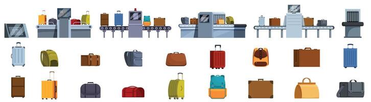 Luggage screening icons set. Baggage passing through security check and luggage icons collection vector