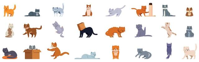 Behavior cat icons set. Playful cats showing various activities and poses vector