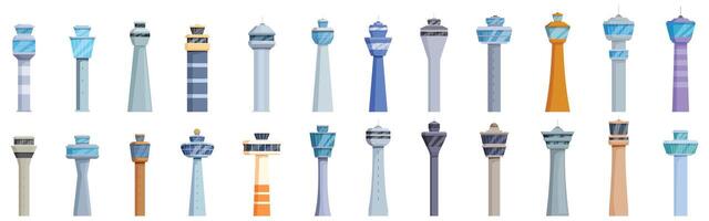 Airport control tower icons set. Airport control tower set managing air traffic and navigation vector