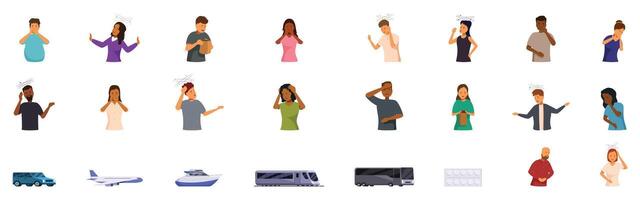 Motion sickness icons set. People feeling motion sickness in different transportation and taking pills vector